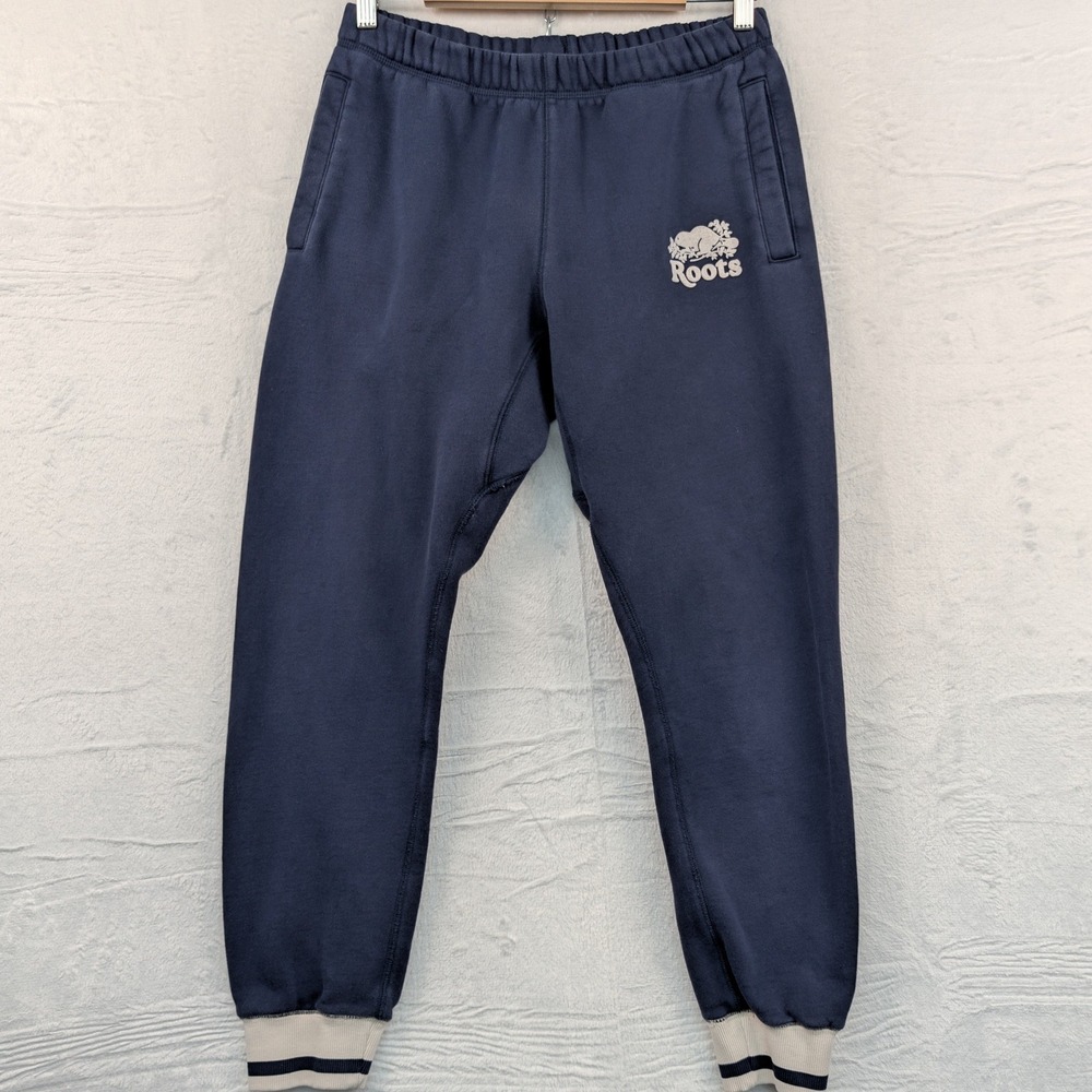 Roots Joggers Men's Medium Navy Blue Fleece Embroidered Athletic Loungewear Gym